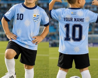 Maglia da calcio personalizzata dell'Uruguay per bambini, maglia da calcio con nome e numero personalizzati, regalo per giovani appassionati di calcio, abbigliamento da tifoso dell'Uruguay