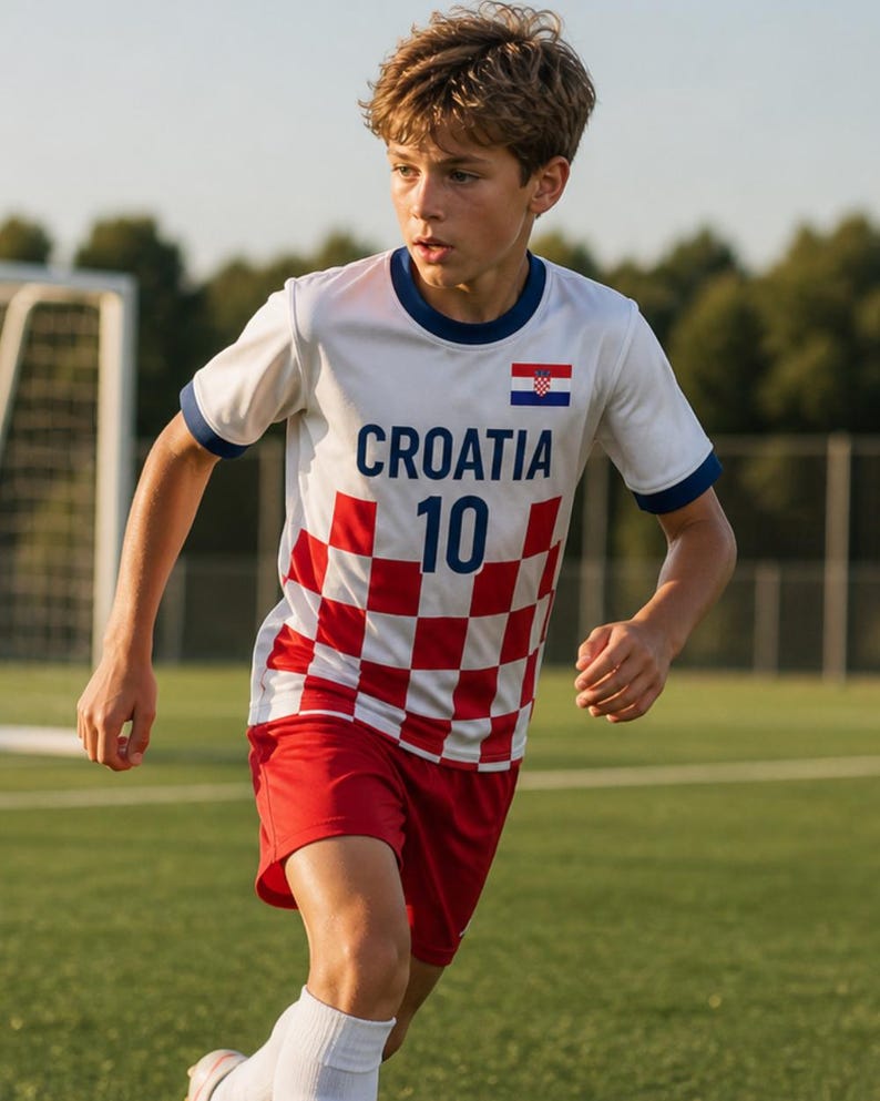 May include: A white football shirt with the word "CROATIA" and the number "10" printed on the front. The shirt has a red and white chequered pattern on the lower half. The shorts are red. The Croatian flag is on the right sleeve.