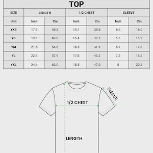 May include: Diagram of a youth soccer jersey with measurements in inches and centimetres. The chart shows sizes YXS to YXL, with length, half chest, and sleeve measurements. The text "ALL-OVER PRINT YOUTH SOCCER JERSEY" is at the top.