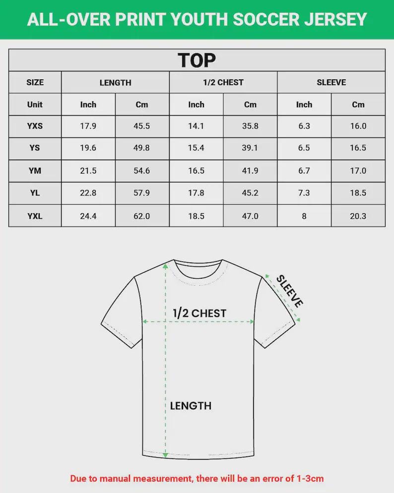 May include: Diagram of a youth soccer jersey with measurements in inches and centimetres. The chart shows sizes YXS to YXL, with length, half chest, and sleeve measurements. The text "ALL-OVER PRINT YOUTH SOCCER JERSEY" is at the top.