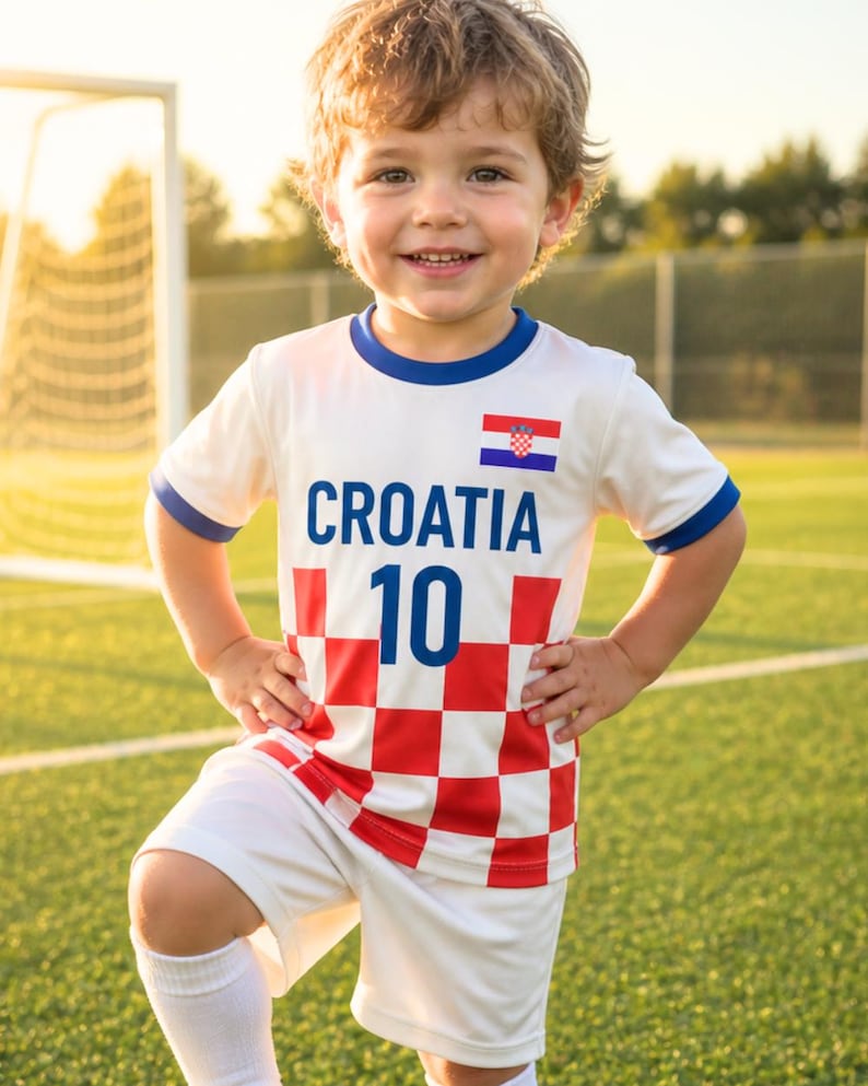 May include: A child's white football kit featuring the word "CROATIA" and the number "10". The kit has a red and white chequered design and a Croatian flag. The child is standing on a green football pitch.