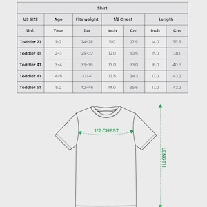May include: White graphic of a kid's soccer jersey shirt with size chart. The chart includes US sizes, age, weight in pounds, chest measurements in inches and centimetres, and length measurements in inches and centimetres. The text "ALL-OVER PRINT KID SOCCER JERSEY SHIRT" is at the top.
