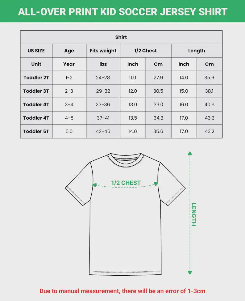 May include: White graphic of a kid's soccer jersey shirt with size chart. The chart includes US sizes, age, weight in pounds, chest measurements in inches and centimetres, and length measurements in inches and centimetres. The text "ALL-OVER PRINT KID SOCCER JERSEY SHIRT" is at the top.