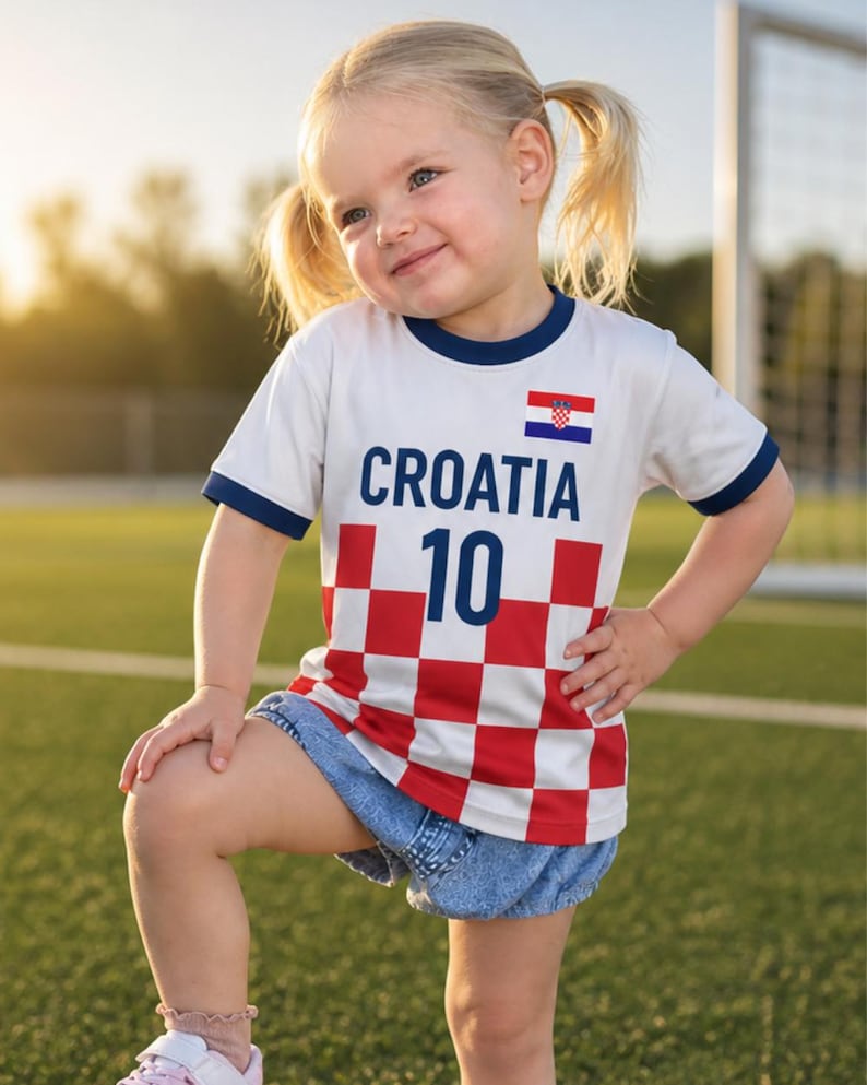 May include: A white t-shirt with navy blue trim displaying the word "CROATIA" and the number "10" in navy blue. The shirt has a red and white checkered pattern and a Croatian flag. The child is wearing denim shorts.