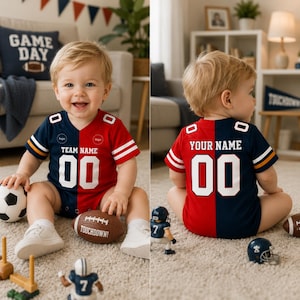 May include: A split-color red and navy blue baby bodysuit featuring white stripes on the sleeves, the text "TEAM NAME" and "YOUR NAME" in white, and the number "00" printed on the front and back. The garment has a V-neck and snap closures.
