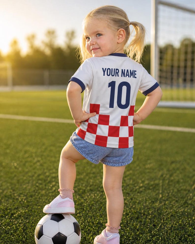 May include: A child's football shirt, white with blue trim, the number 10, and the text "YOUR NAME" on the back. The shirt has a red and white chequered pattern at the bottom. The child is standing on a football.