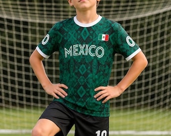 Gepersonaliseerde voetbalshirt Mexico voor kinderen, aangepaste jersey met naam en nummer, shirt Mexican Heritage