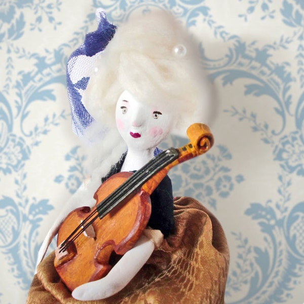 The Stradivarius violin player - Original Handmade Paper Clay Doll - One Of A Kind