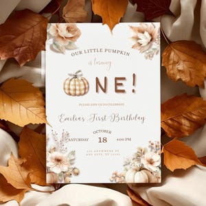 Invitación editable para primer cumpleaños de otoño / Plantilla de Canva con hojas de otoño / Invitación rústica para fiesta de calabaza