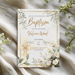 Elegant Editable Digital Baptism Invitation Card Template, Instant Download, Canva, Floral, Gender Neutral, White