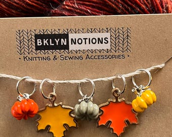 Fall Knitting Stitch Markers: Enamel Pumpkin & Leaf Charms