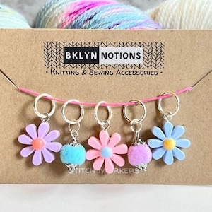 Stitch Markers for Knitting Daisies and Pom Pom Theme: Purple, Blue and Pink
