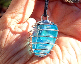 High Frequency Aqua Aura Quartz Crystal Large Pebble Pendant in Coil Quantum Healing Codes for Boosting Immune System