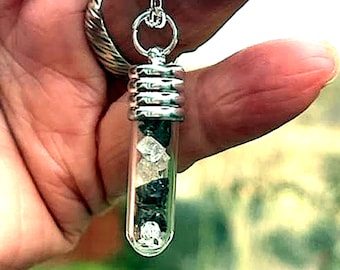 Moldavite, Libyan Desert Glass , Prophecy Stone  & Herkimer Crystal Glass Vial Pendant Authentic Gift Box Wrapped