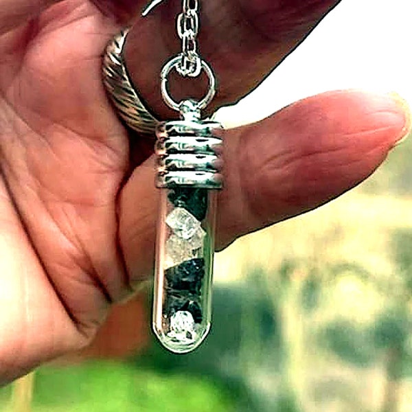 Moldavite, Libyan Desert Glass , Prophecy Stone  & Herkimer Crystal Glass Vial Pendant Authentic Gift Box Wrapped