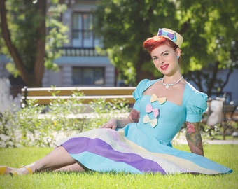 Rainbow Dress: vintage style / pin-up / rockabilly light blue dress with colorful bows by TiCCi Rockabilly Clothing