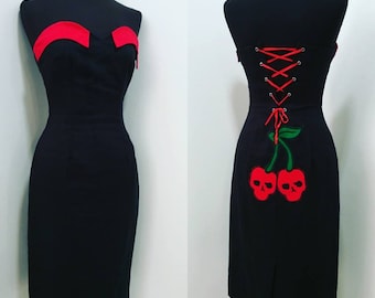 Cherry-skull Dress: vintage style / pin-up / rockabilly black & cherry pencil dress by TiCCi Rockabilly Clothing