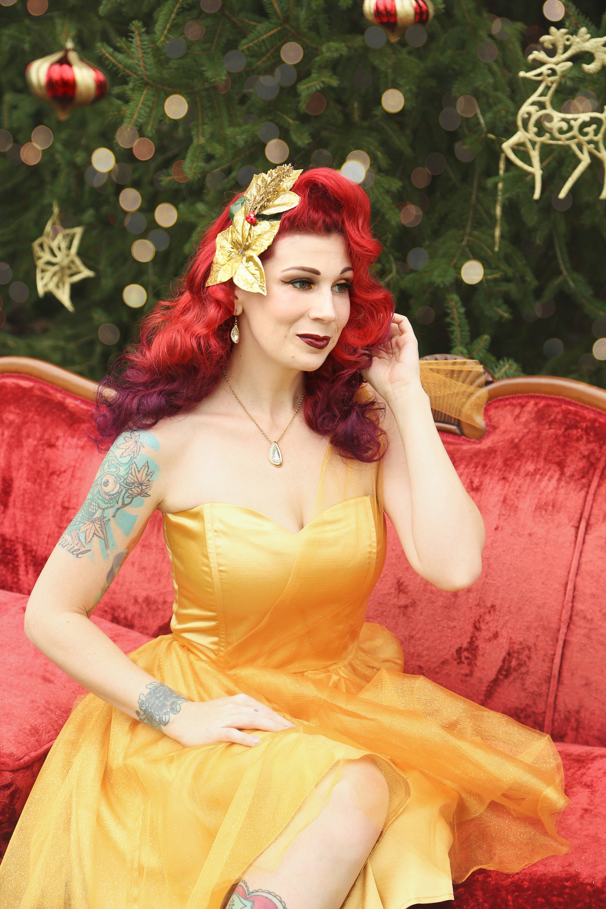 gold pin up dress Ava Faux Wrap Wiggle Dress in Golden Mustard Satin