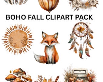 Boho Fall Clipart Bundle | Autumn Leaves, Pumpkins (PNG Instant Download)