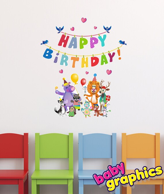 happy birthday with animals wall stickers / decals set | etsy