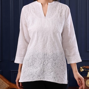 White Cotton Chikankari Short Kurti – Hand Embroidered Indian Tunic Top, Ethnic Wear image 1
