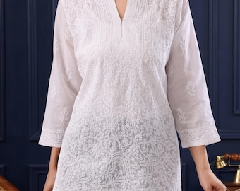 White Cotton Chikankari Short Kurti – Hand Embroidered Indian Tunic Top, Ethnic Wear