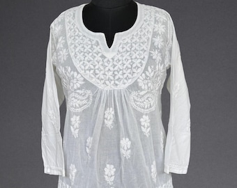 Vit bomull Chikankari Kurti handbroderad Lucknowi Kurta för kvinnor sommartunika topp