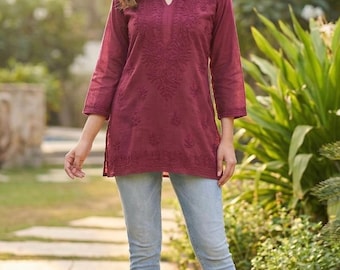 Handcrafted Chikankari Tunic Top: Lucknowi Embroidered Kurti
