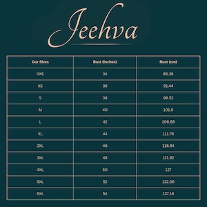 May include: A size chart for clothing, featuring bust measurements in inches and centimeters. Sizes range from XXS to 6XL, with bust sizes from 34 inches (86.36 cm) to 54 inches (137.16 cm). The brand name "Jeehva" is at the top.