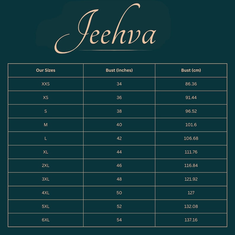 May include: A size chart for clothing, featuring bust measurements in inches and centimeters. Sizes range from XXS to 6XL, with bust sizes from 34 inches (86.36 cm) to 54 inches (137.16 cm). The brand name "Jeehva" is at the top.