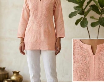 Top de túnica Chikankari artesanal: Kurti bordado Lucknowi