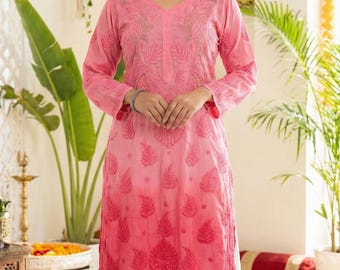 Lucknowi Chikankari Long Kurti | Ethnic Indian Wear Tunic | Hand Embroidered Kurta