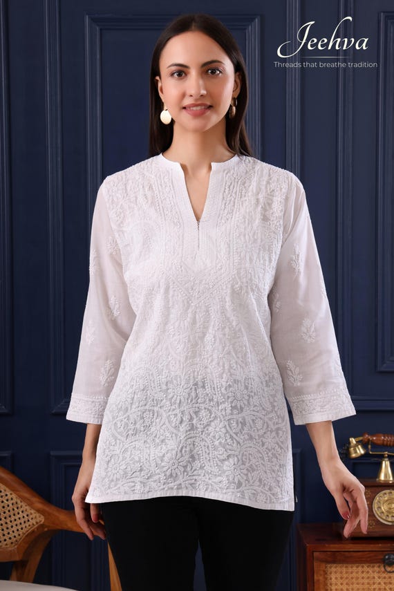 White Cotton Chikankari Short Kurti – Hand Embroidered Indian Tunic Top, Ethnic Wear