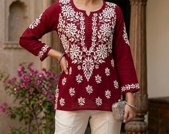 Top de túnica Chikankari hecho a mano: Lucknowi Kurti bordado / XXS-6XL