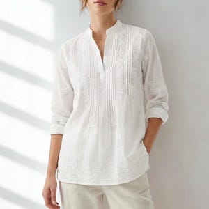 White Cotton Chikankari Short Kurti – Hand Embroidered Indian Tunic Top, Ethnic Wear image 1