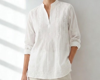 White Cotton Chikankari Short Kurti – Hand Embroidered Indian Tunic Top, Ethnic Wear