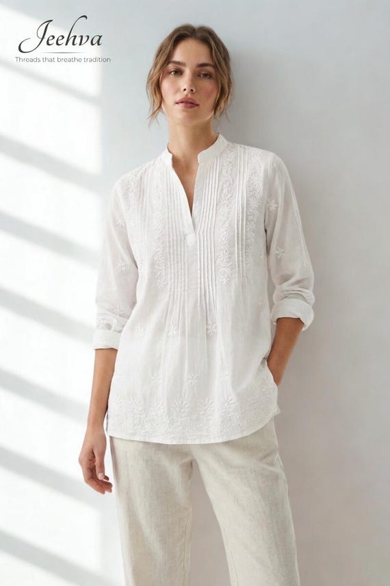 White Cotton Chikankari Short Kurti – Hand Embroidered Indian Tunic Top, Ethnic Wear