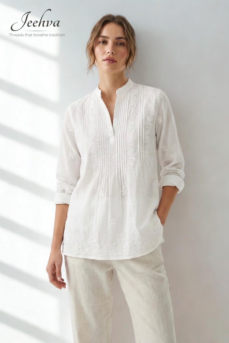 White Cotton Chikankari Short Kurti – Hand Embroidered Indian Tunic Top, Ethnic Wear image 1