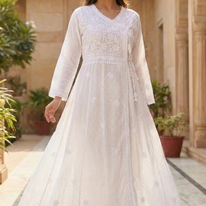 Hand Embroidered White Chikankari Long Angrakha Maxi, Lucknowi Anarkali Dress * Ethnic Festive Dress