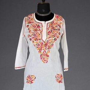 Hand-Embroidered Chikankari Cotton Tunic – White | Boho Floral Kurti | Lightweight & Breathable | Jeehva