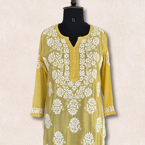 Lucknow Chikankari Yellow Tunic Top- Handcrafted Embroidered Tunic for Casual, Work Wear | Jeehva