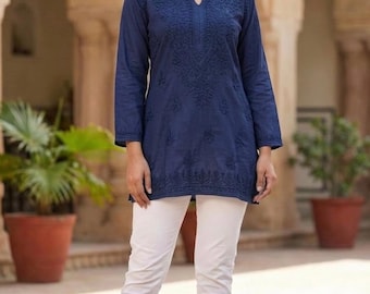 Handcrafted Chikankari Tunic Top: Lucknowi Embroidered Kurti | Indian Kurta