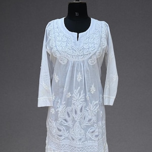 Hand Embroidered Cotton Chikankari Kurti: Flared Ethnic Tunic