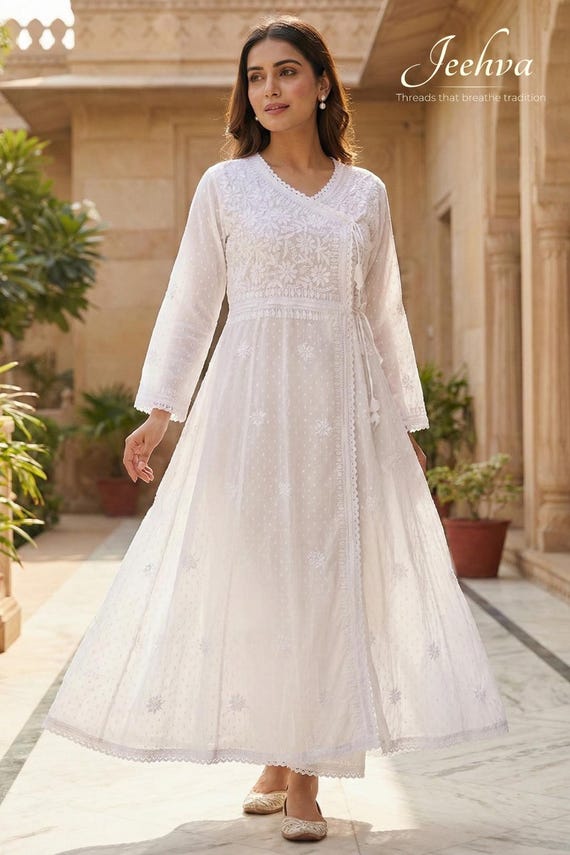 Hand Embroidered White Chikankari Long Angrakha Maxi, Lucknowi Anarkali Dress * Ethnic Festive Dress