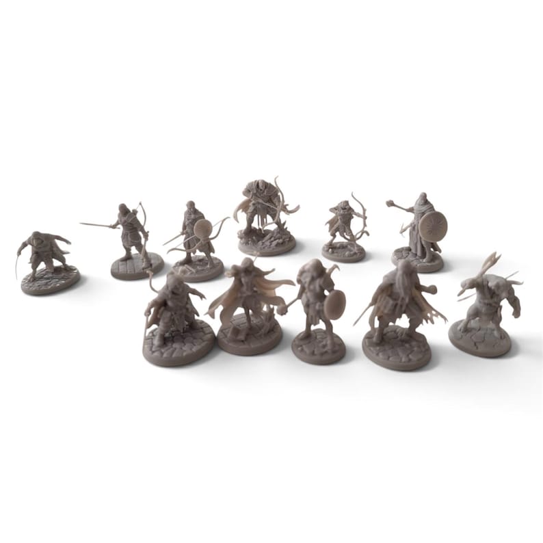 May include: A collection of twelve unpainted grey resin miniature figurines depicting various fantasy characters in dynamic poses, each standing on a circular textured base, including warriors, archers, and creatures.
