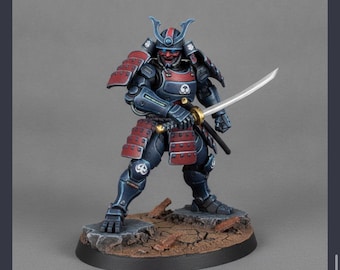 May include: A miniature figurine of a samurai warrior wearing dark blue and red segmented armour with a matching helmet. The figure features a red face mask with glowing blue eyes and holds a silver katana sword. It stands on a textured base.