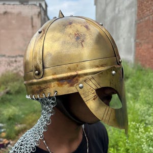 Antique Medieval Spartan Warrior Helmet | Handmade Roman Helmet with Chainmail | Cosplay, LARP & Home Decor Armor..