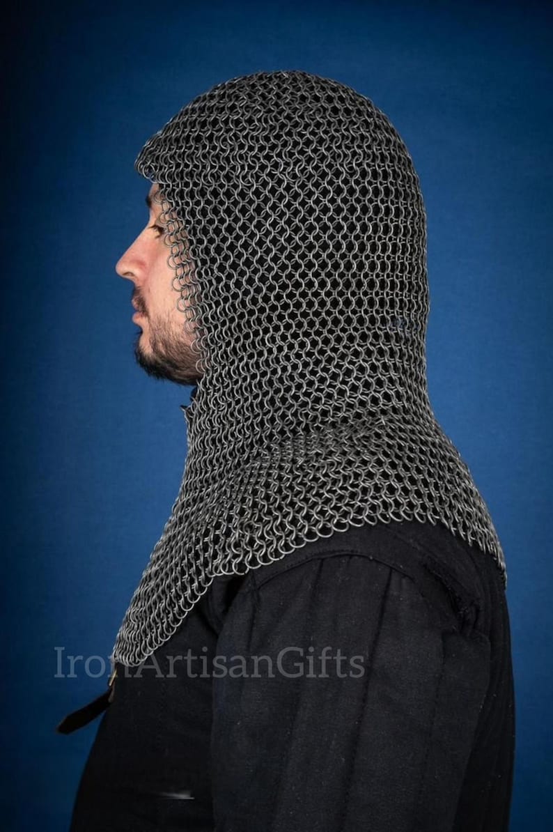Medieval Chainmail Coif With Shoulder Drape | Butted Chainmail Hood ...