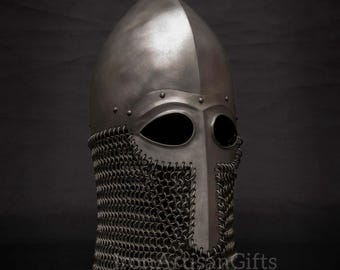 Elmo da cavaliere medievale in cotta di maglia Aventail / Elmo da crociato vichingo in acciaio fatto a mano / Armatura da rievocazione LARP SCA in regalo