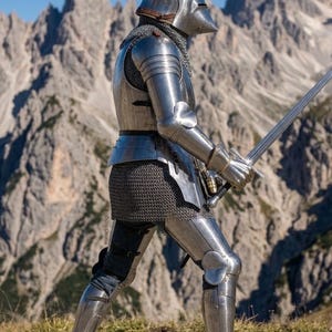 May include: A full suit of medieval armor, including a helmet, chest plate, and leg guards, is worn by a person holding a long sword. The armor is highly polished and reflects the sunlight. The background features a mountain range under a clear blue sky.